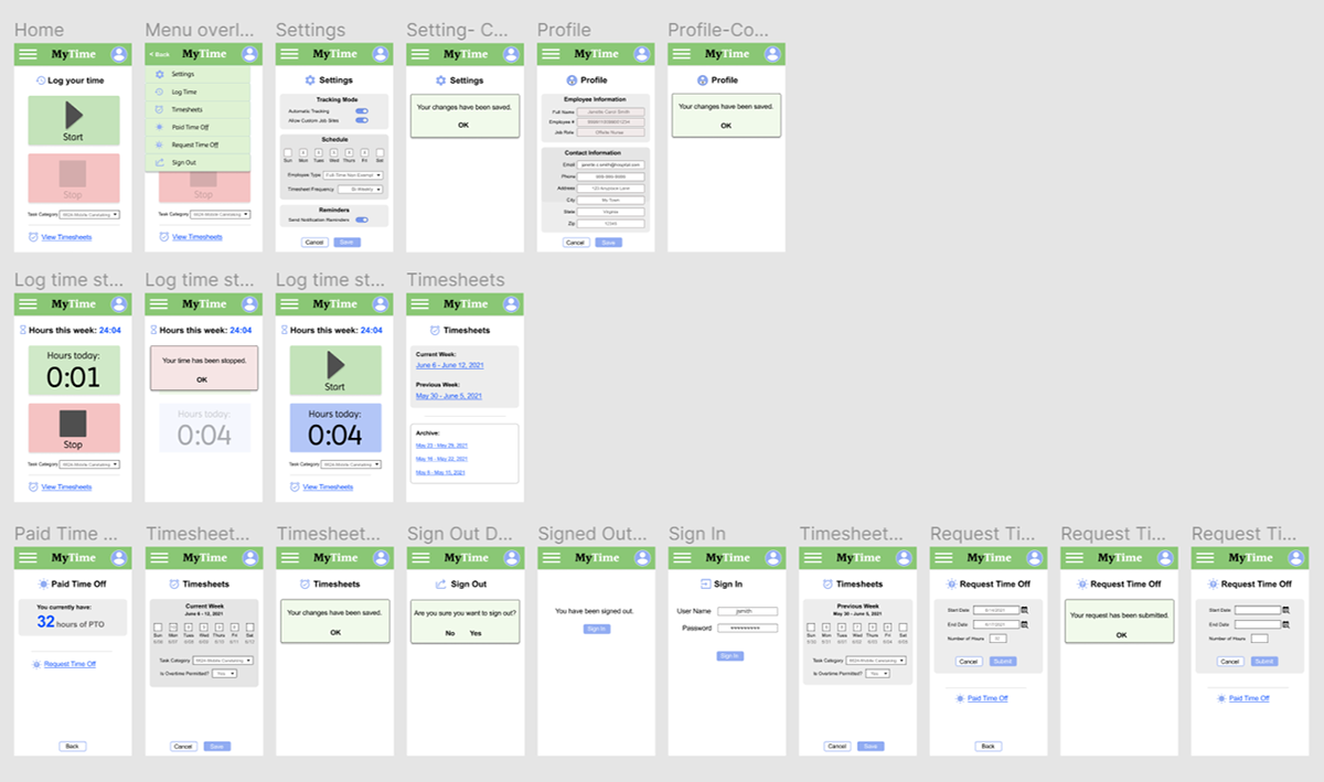 MyTime Prototype screens