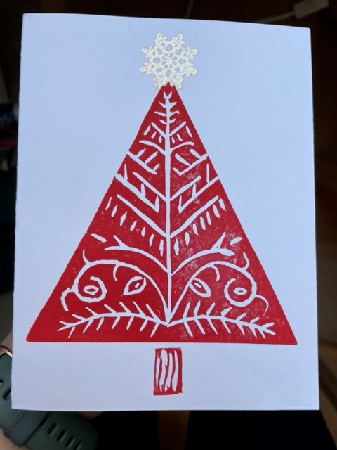 Christmas card I blockprinted with a Scandinavian-inspired design